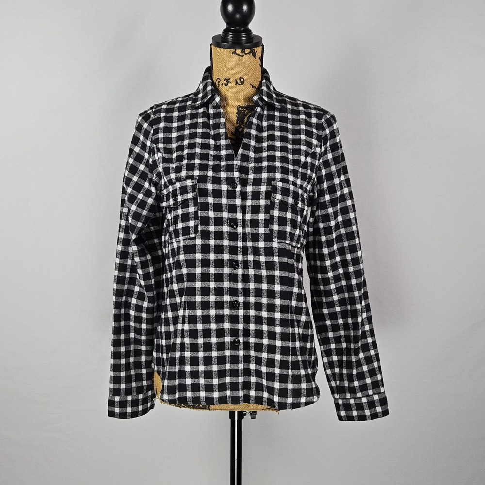 Love Tree Gingham Plaid Shirt L Black White Cinched Waist Roll Tab Cottagecore